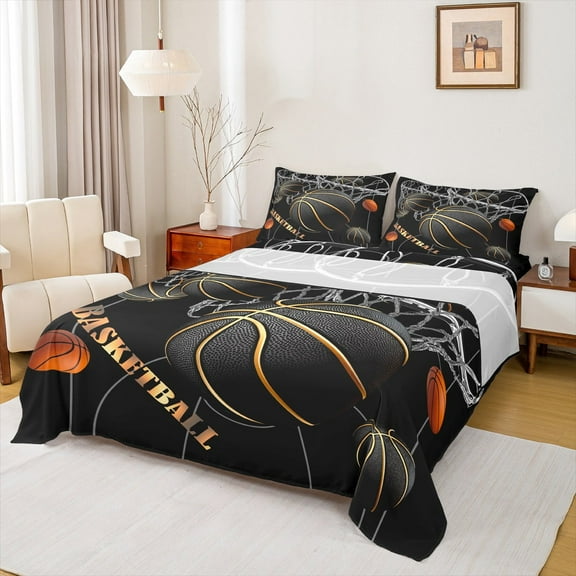 jejeloiu Black Basketball Queen Sheet Sets,Ball Games Flat Sheet,Black Gold Orange Queen Fitted Sheet,Lightweight Room Decor,4pcs