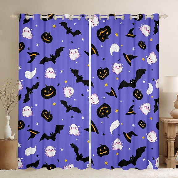 jejeloiu Black Bats Witch Black Out Curtains,Spooky Halloween Pumpkin Curtains Pack of 2 (42x63 Each),Cute Ghost Bedroom Curtains For Teens Girl,Super Cozy Room Decor