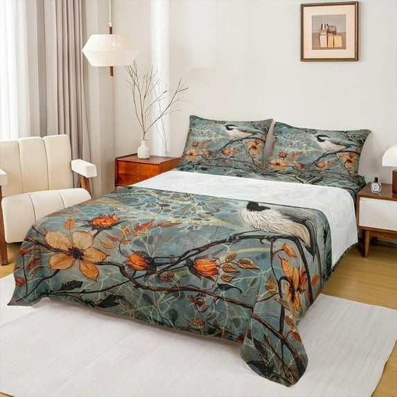 jejeloiu Black Bird Twin Sheet Sets,Rustic Farmhouse Twin Fitted Sheet,Gray Orange Flower Flat Sheet For Boys Kids,Ultra Soft Home Decor,3pcs