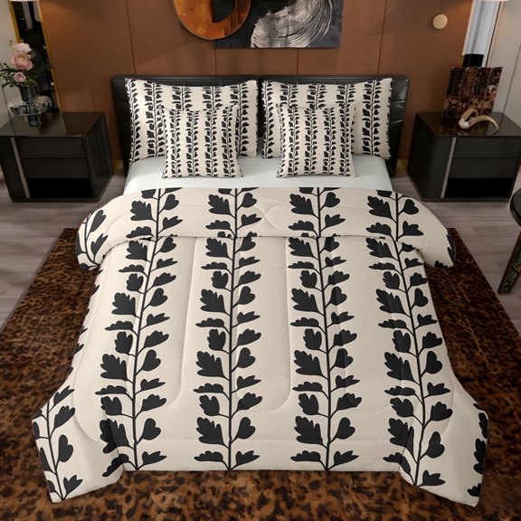 jejeloiu Black Botanical Leaf 7-Piece Twin Bedding Sets,Minimalist Aesthetic Bedding Comforter Set For Adults Reversible