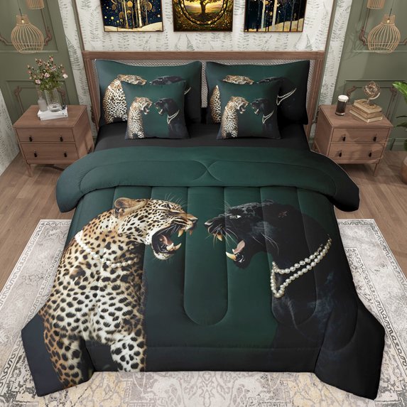 jejeloiu Black Brown Leopard 7-Piece Bedding Comforter Set,Jungle Animal King Bedding Sets,Modern Abstract Artwork Bed Sheets For Man Women,Breathable Home Decor Reversible