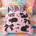 thumbnail image 1 of jejeloiu Black Cat Bow Silhouette 7pcs Bedding Comforter Set Kids,Coquette Bowknot Kitten Pattern Queen Bedding Sets For Girls,Reversible, 1 of 7