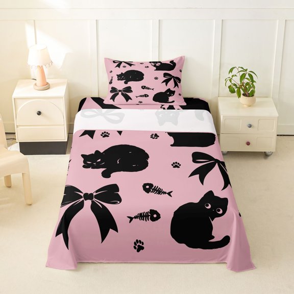 jejeloiu Black Cat Bow Silhouette Twin Sheet Sets Kids,Coquette Bowknot Kitten Pattern Bedding For Girls,3-Piece
