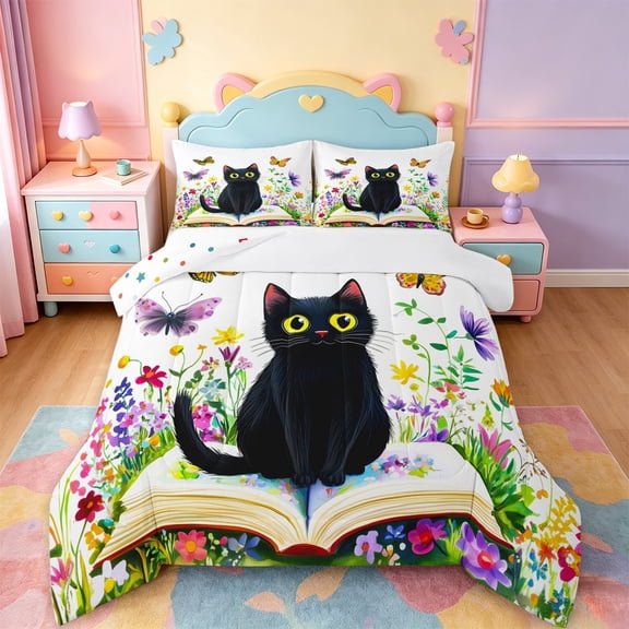 jejeloiu Black Cat Flower Book Queen Comforter Set Kids,Kitten Print Bedding Comforter Set,Reversible,3 Pieces
