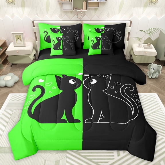 jejeloiu Black Cat Kitten 7-Piece Bedding Comforter Set,Pet Animal Lover King Bedding Sets,Green Black Bed Sheets For Men Women,Microfiber Bedroom Decor Reversible
