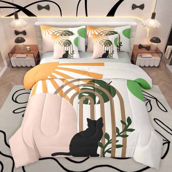 jejeloiu Black Cat Kitten 7 Pieces Bedding Comforter Set,Plam Monstera Leaf Full Bedding Set,Modern Geometric Stripes Artwork Fitted Sheet Flat Sheet For Teens,Luxury Bedroom Decor Reversible
