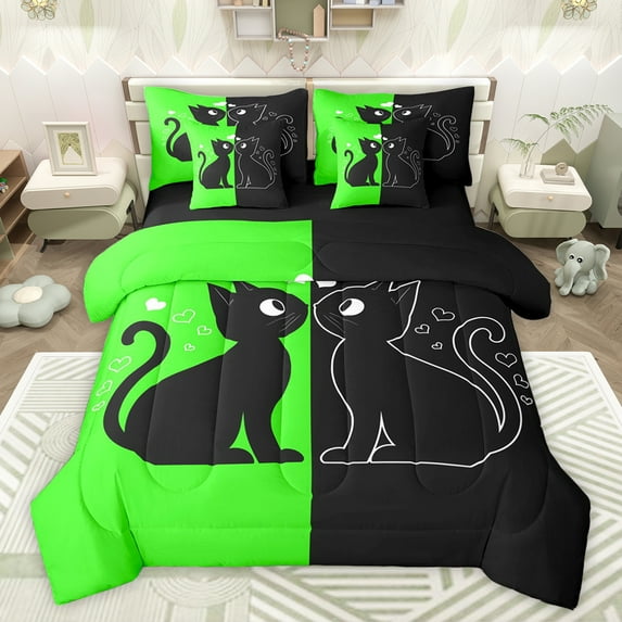 jejeloiu Black Cat Kitten 7pcs Bedding Comforter Set,Pet Animal Lover Queen Bedding Sets,Green Black Queen Sheet Sets For Men Women,Microfiber Bedroom Decor Reversible