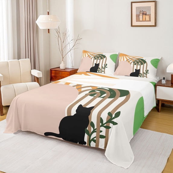 jejeloiu Cat Monstera Full 4-Piece Reversible Teen Luxury Striped Sheet Set