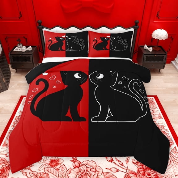 jejeloiu Black Cat Kitten Queen Comforter Set,Happy Valentine'S Day Bedding Sets,Western Valentine Gifts Bedding Comforter Set For Men Women,Microfiber Bedroom Decor Reversible,3 Pieces