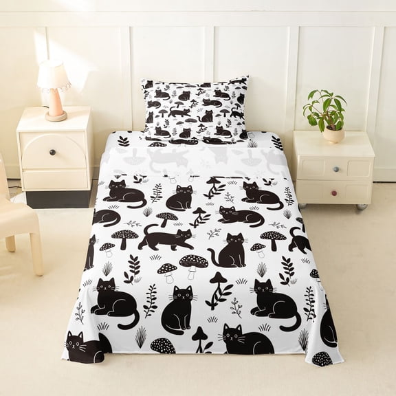 jejeloiu Black Cat Mushroom Twin Sheet Sets Kids,Cartoon Kitten Pattern Bedding,3 Pieces