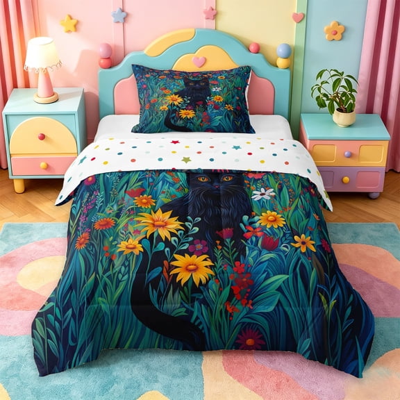 jejeloiu Black Cat Painting Twin Comforter Sets Kids,Multicolor Rustic Floral Bedding Set For Girls,Reversible,2pcs