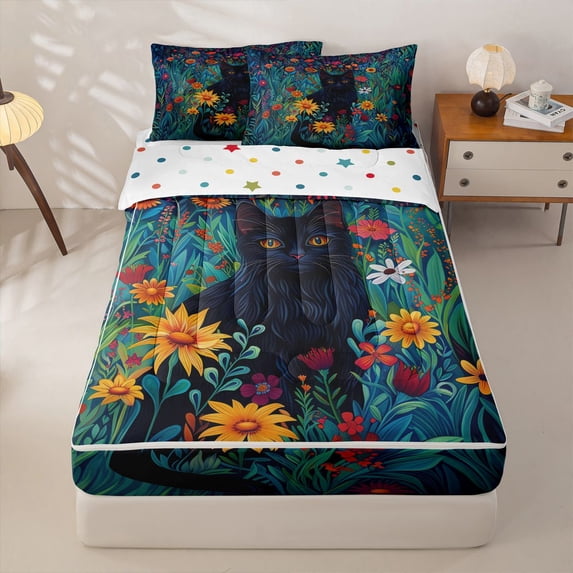 jejeloiu Black Cat Painting Zipper Full Size Comforter Sets with Fitted Sheet and 2 Pillowcases Kids,Multicolor Rustic Floral Zipper Bedding Set For Girls,Reversible,4 Pieces