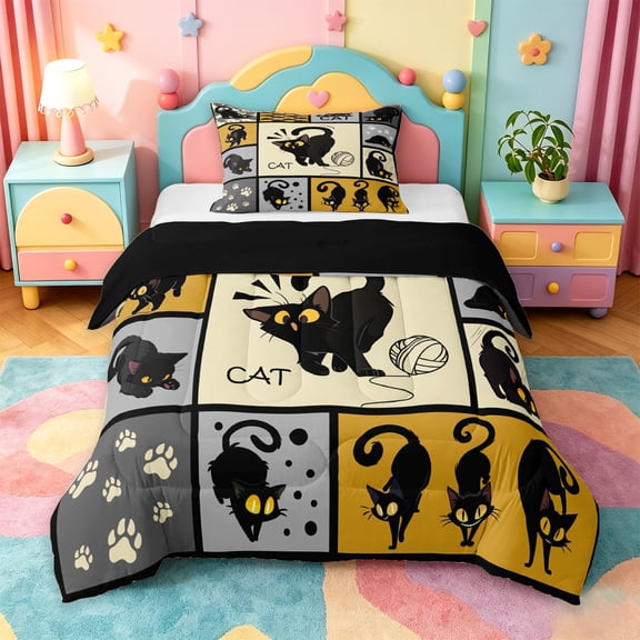 jejeloiu Black Cat Patchwork Pattern Twin Comforter Sets Kids,Cute Kitten Print Bedding Set,Reversible,2pcs
