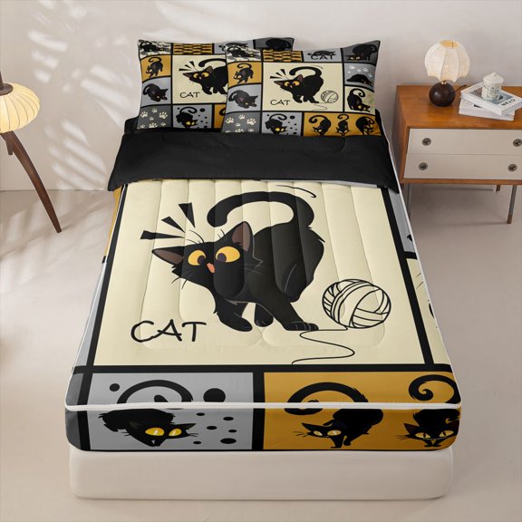 jejeloiu Black Cat Patchwork Pattern Zipper Twin Comforter Sets with Fitted Sheet and 2 Pillowcases Kids,Cute Kitten Print Zipper Bedding Set,Reversible,4 Pieces