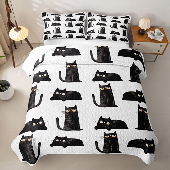 jejeloiu Black Cat Pattern Quilt Full Kids,Minimal Print Full Bedspread Sets,3pcs