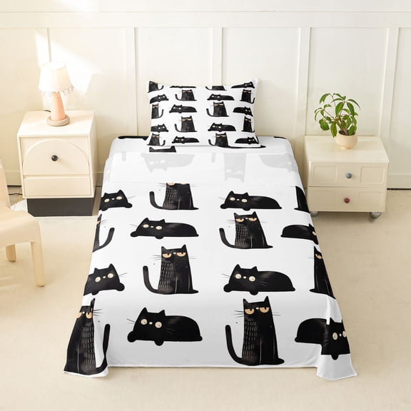 jejeloiu Black Cat Pattern Twin Sheet Sets Kids,Minimal Print Bedding,3-Piece