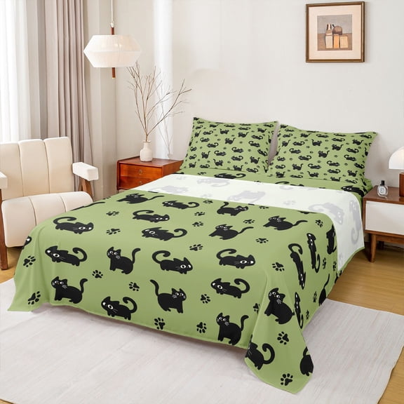 jejeloiu Black Cat Paw Print Queen Sheet Sets Kids,Cartoon Kitten Pattern Bed Set,4pcs