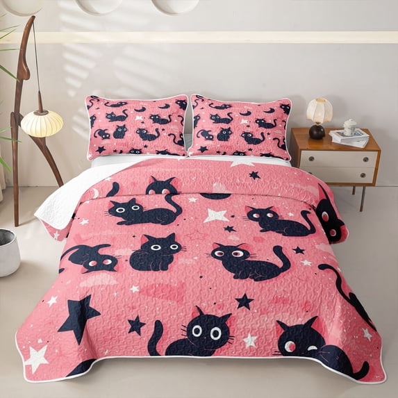 jejeloiu Black Cat Pink Twin Quilt Set Kids,Night Sky Pet Kitten Pattern Twin Coverlet Set For Girls,2pcs