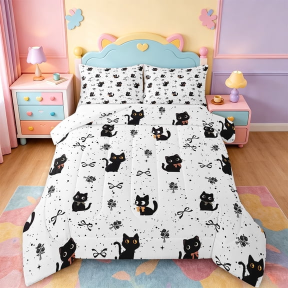 jejeloiu Black Cat Ribbon Bow Full Size Comforter Sets Kids,White Floral Print Bedding Sets,Reversible,3pcs