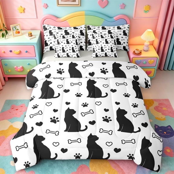 jejeloiu Black Cat Silhouette Pattern 7-Piece Twin Bedding Sets For Kids,Cute Pet Paw Print Bedding Comforter Set For Girl,Reversible