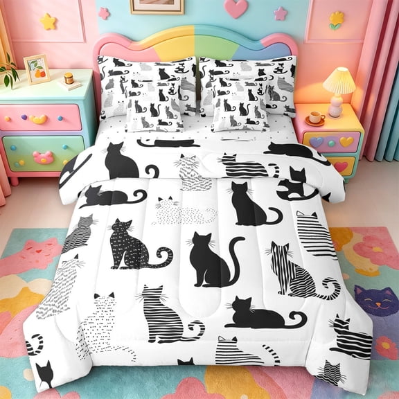 jejeloiu Black Cat Silhouette Pattern 7-Piece Twin Bedding Sets Kids,Minimal Kitten Print Bedding Comforter Set,Reversible