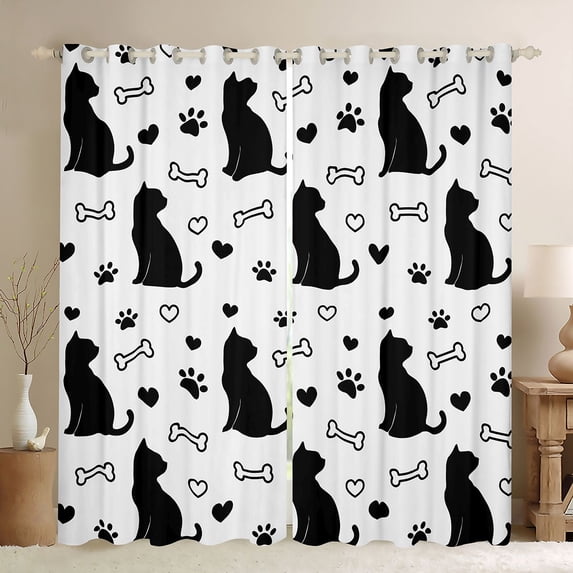 jejeloiu Black Cat Silhouette Pattern Blackout Curtains Set of 2 (52x84 Each) For Kids,Cute Pet Paw Print Window Curtains For Girl