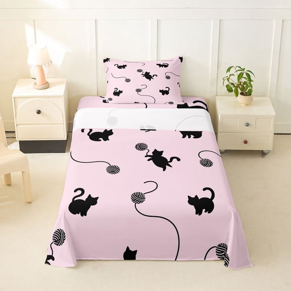 jejeloiu Black Cat Silhouette Twin Sheet Sets Kids,Cute Kitten Print Bedding,3 Pieces