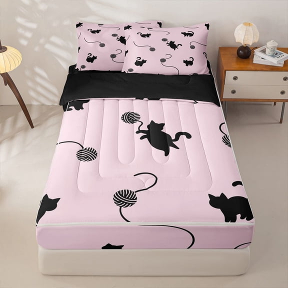 jejeloiu Black Cat Silhouette Zipper Twin Comforter Sets with Fitted Sheet and 2 Pillowcases Kids,Cute Kitten Print Zipper Bedding Set,Reversible,4-Piece