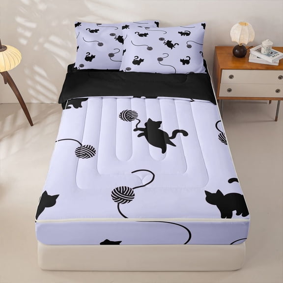 jejeloiu Black Cat Silhouette Zipper Twin Comforter Sets with Fitted Sheet and 2 Pillowcases Kids,Minimal Kitten Print Zipper Bedding Set,Reversible,4-Piece