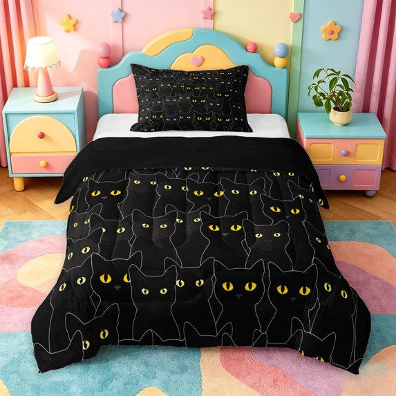 jejeloiu Black Cat Yellow Eyes Twin Comforter Sets Kids,Spooky Kitten Pattern Bedding Set For Girls,Reversible,2 Pieces