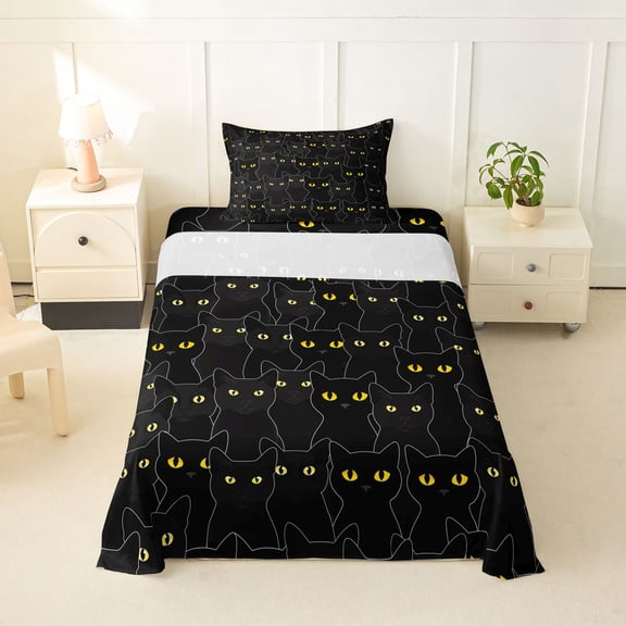 jejeloiu Black Cat Yellow Eyes Twin Sheet Sets Kids,Spooky Kitten Pattern Bedding For Girls,3 Pieces