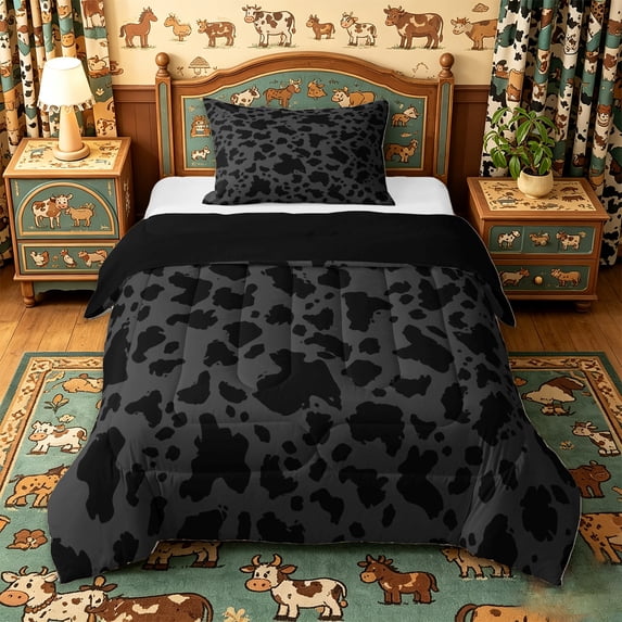 jejeloiu Black Cattle Pattern Twin Comforter Sets Kids,Minimal Animal Print Bedding Set For Girls,Reversible,2-Piece