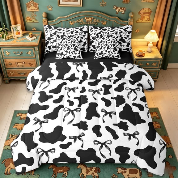 jejeloiu Black Cow Print 7 Pieces Bedding Comforter Set Kids,Princess Ribbon Bowtie Full Bedding Set,Reversible