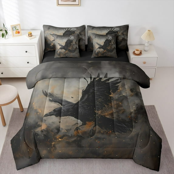 jejeloiu Black Crow Bedding Comforter Set 7pcs,Gold Glitter Print Queen Bedding Sets,Wild Raven Queen Sheet Sets For Boys Kids,Ultra Soft Home Decor Reversible
