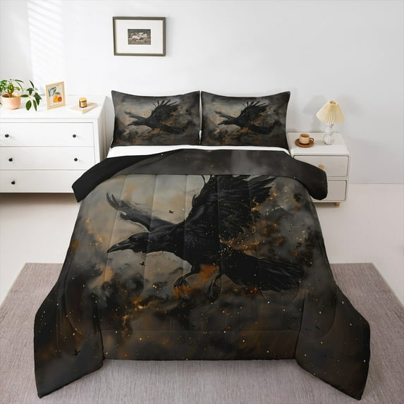 jejeloiu Black Crow Queen Comforter Set,Gold Glitter Print Bedding Sets,Wild Raven Bedding Comforter Set For Boys Kids,Ultra Soft Home Decor Reversible,3 Pieces