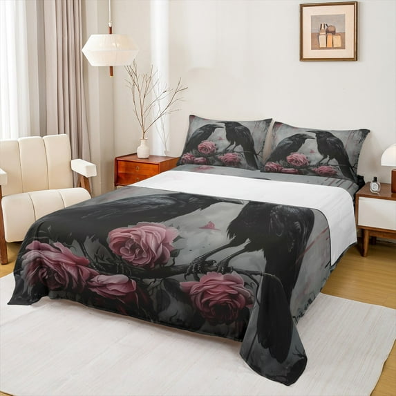 jejeloiu Black Crow Rustic Flower Pink Romantic Floral Queen Sheet Set,Ultra Soft Boys Kids Bedding,4pcs