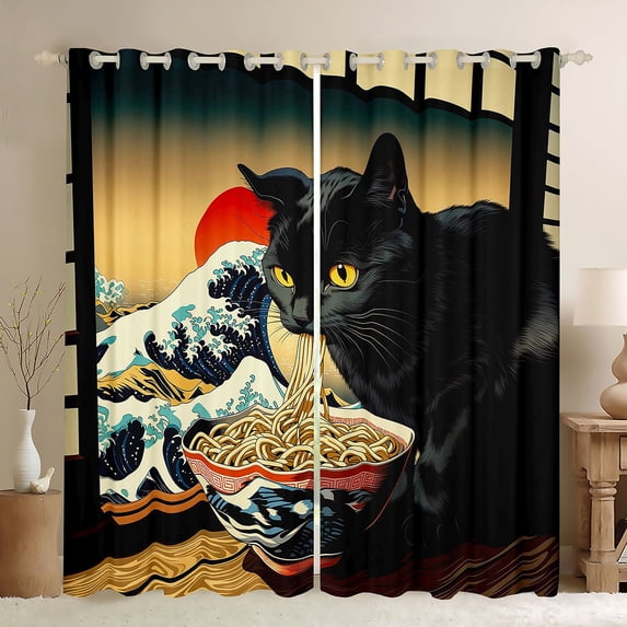 jejeloiu Black Cute Cat Blackout Curtains Set of 2 (52x84 Each) Kids,Japanese Style Print Window Curtains