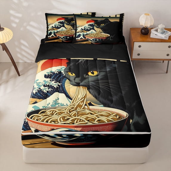 jejeloiu Black Cute Cat Zipper Full Size Comforter Sets with Fitted Sheet and 2 Pillowcases Kids,Japanese Style Print Zipper Bedding Set,Reversible,4 Pieces