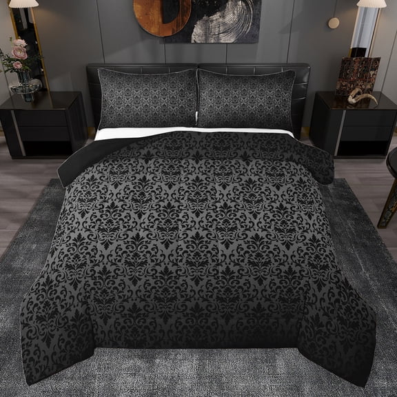 jejeloiu Black Damsk Pattern Full Size Comforter Sets,Rustic Baroque Victorian Bedding Comforter Set,Gothic Flower Floral Bedding Sets For Bots Teens,Ultra Soft Home Decor Reversible,3 Pieces