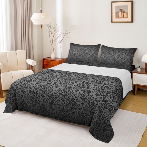 jejeloiu Black Damsk Pattern Twin Sheet Sets,Rustic Baroque Victorian Twin Fitted Sheet,Gothic Flower Floral Flat Sheet For Bots Teens,Ultra Soft Home Decor,3-Piece