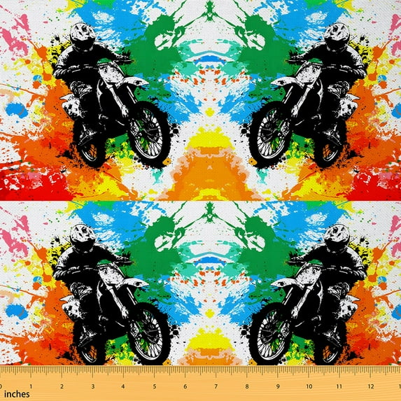 jejeloiu Black Dirt Bike Fabric by the Yard 5 Yards,Colorful Spaltter Ink Fabric for Sewing,Extreme Sport Theme Home Decor Fabric by the Yard Teens,Ultra Soft Home Decor