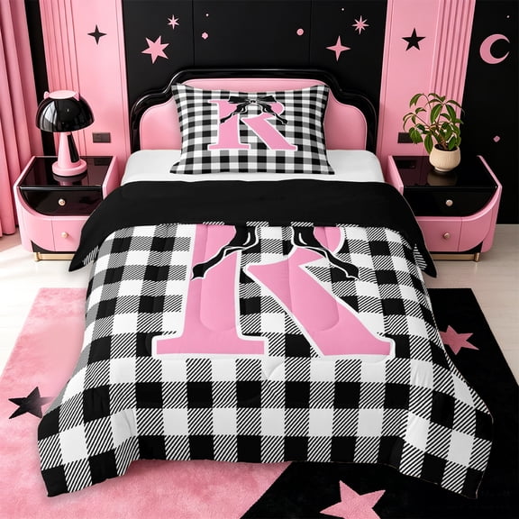 Catabedysis Black Gingham Print Twin Comforter Sets For Girl,Plaid Monogrammed R Design Bedding Set,Black Reversible,2pcs,1 Comforter and 1 Pillowcase