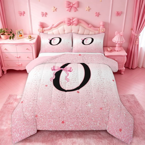 jejeloiu Black Initial O Full Size Comforter Sets For Girls,Pink Ribbon Bowknot Bedding Sets,Pink Reversible,3pcs