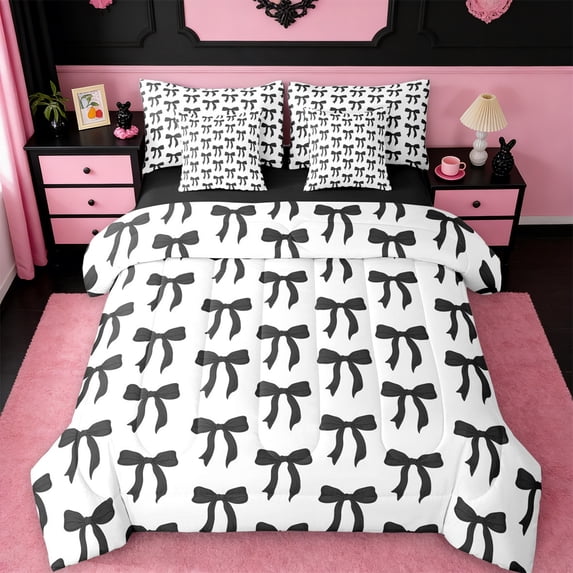 jejeloiu Black Lovely Bow 7pcs Bedding Comforter Set,Cute Cartoon Bowtie Queen Bedding Sets For Girls Reversible