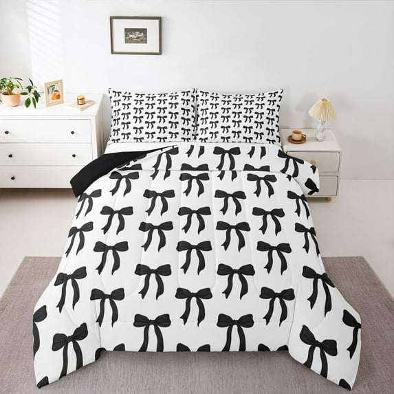 jejeloiu Black Lovely Bow Full Size Comforter Sets,Cute Cartoon Bowtie Bedding Sets For Girls Reversible 3pcs