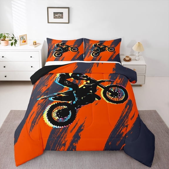 jejeloiu Black Motorcycle Full Size Comforter Sets,Extreme Sports Theme Bedding Comforter Set,Racing Dirt Bike Bedding Sets For Boys Kids,Breathable Bedroom Decorative Reversible,3 Pieces