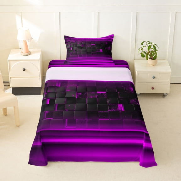 jejeloiu Black Purple Classic Check Twin Sheet Sets For Girls,Abstract Geometric Print Bedding For Kids,3pcs