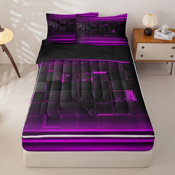 jejeloiu Black Purple Classic Check Zipper Twin Comforter Sets with Fitted Sheet and 2 Pillowcases For Girls,Abstract Geometric Print Zipper Bedding Set For Kids,Reversible,4-Piece