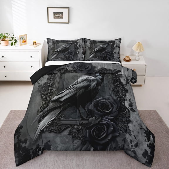 jejeloiu Black Raven Bird Bedding Comforter Set,Dark And Mysterious Twin Comforter Sets,Black Flower Floral Bedding Set For Child,Luxury Bedroom Decor Reversible,2 Pieces