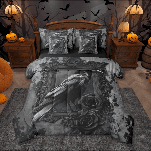 jejeloiu Black Raven Bird Twin Bedding Sets 7-Piece,Dark And Mysterious Bedding Comforter Set,Black Flower Floral Sheet Sets For Child,Luxury Bedroom Decor Reversible